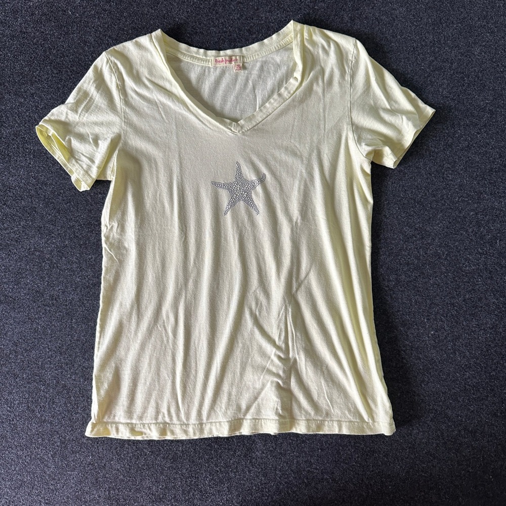 Fresh‎ Produce Womens Yellow Starfish Rhinestone V-Neck Cotton T-Shirt Small USA